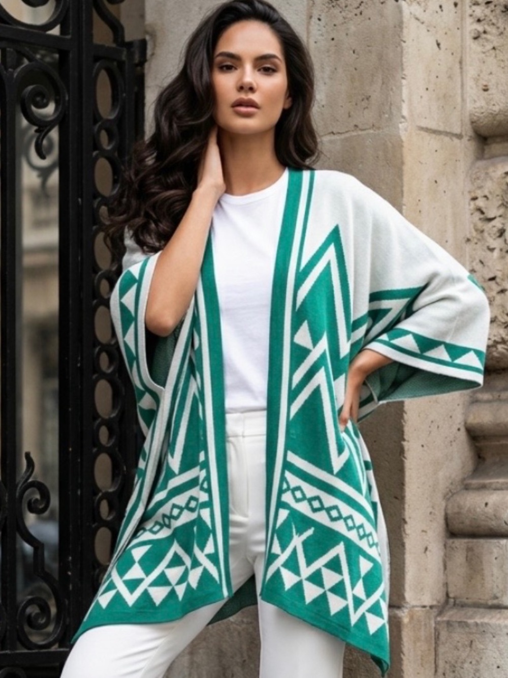 New STACCAOT Kimono Poncho Cardigan Sweater Turquoise Teal Aztec Tribal Boho